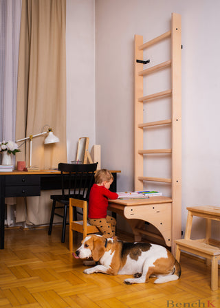 Bukowa nakładka BenchTop służąca jako biurko do drabinki BenchK na drewniany drążek do podciągania