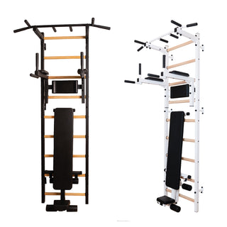 Drabinka gimnastyczna BenchK 723 (czarna lub biała) z metalowym, montowanym na stałe drążkiem do podciągania z 6 uchwytami, poręczami z podparciem pod plecy oraz rozbudowaną ławką